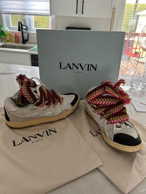 Lanvin White and Black Low-Top Sneakers with Red-Green Multicolor Laces
